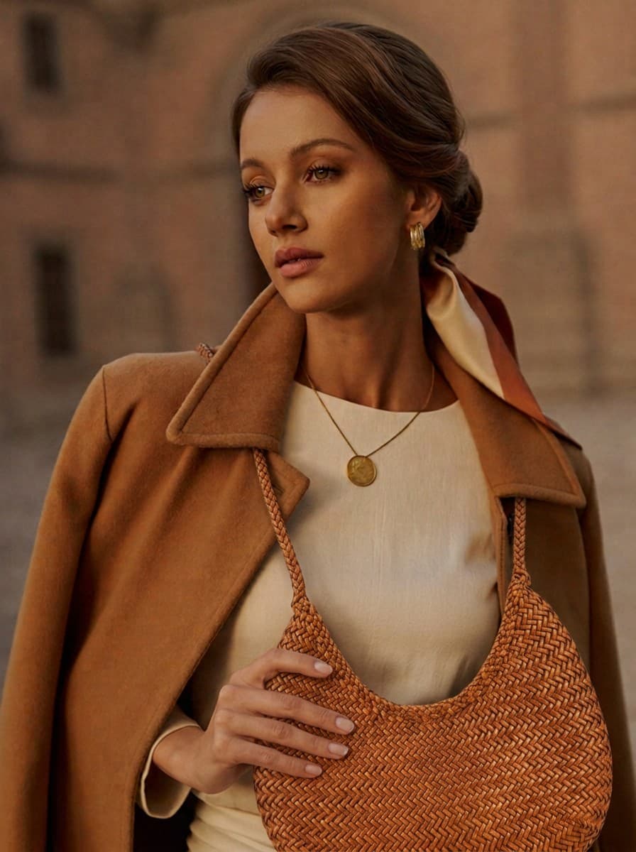 A model carrying the Isvena tan hand-braided woven leather shoulder bag