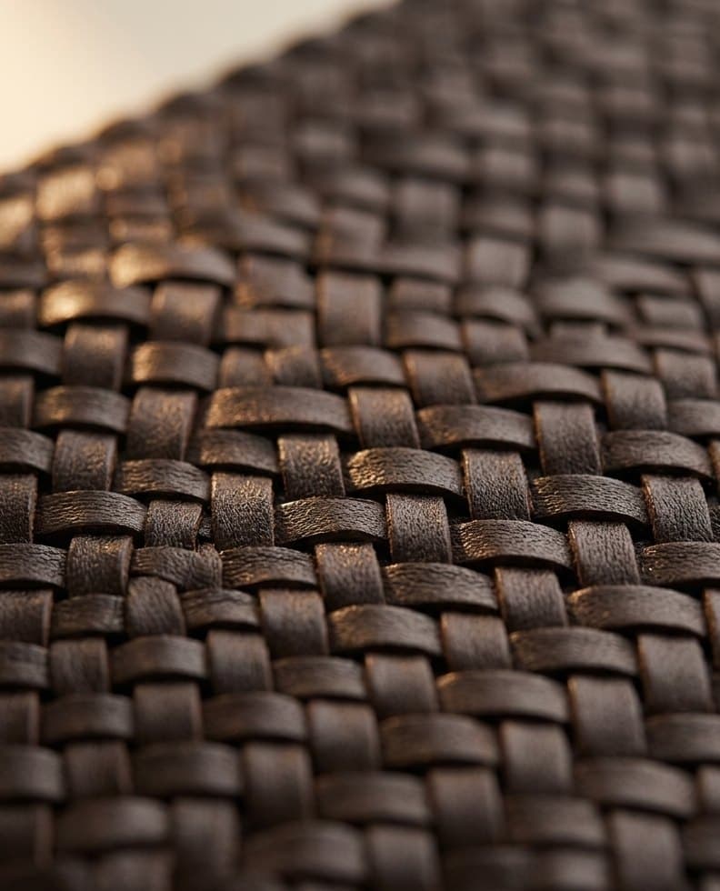 Close-up of the dense zigzag; smooth leather handle mounts on the Piccola