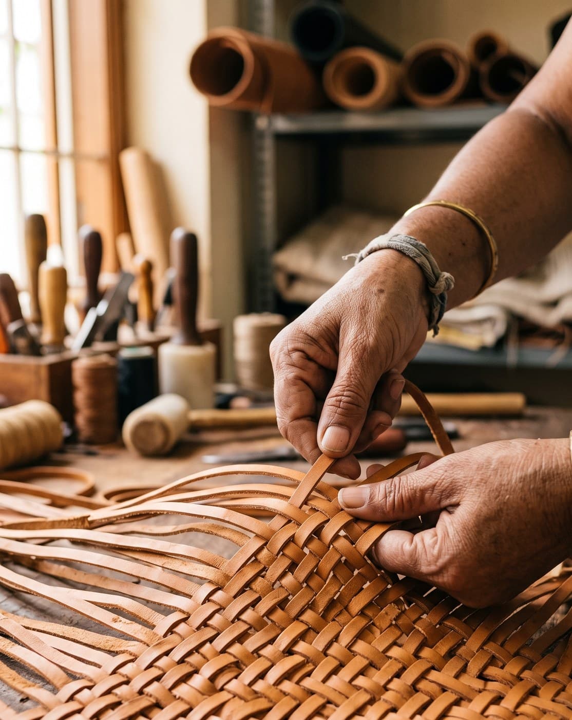 An artisan's hands interlacing tan leather strips into the workshop's hand-braided weave