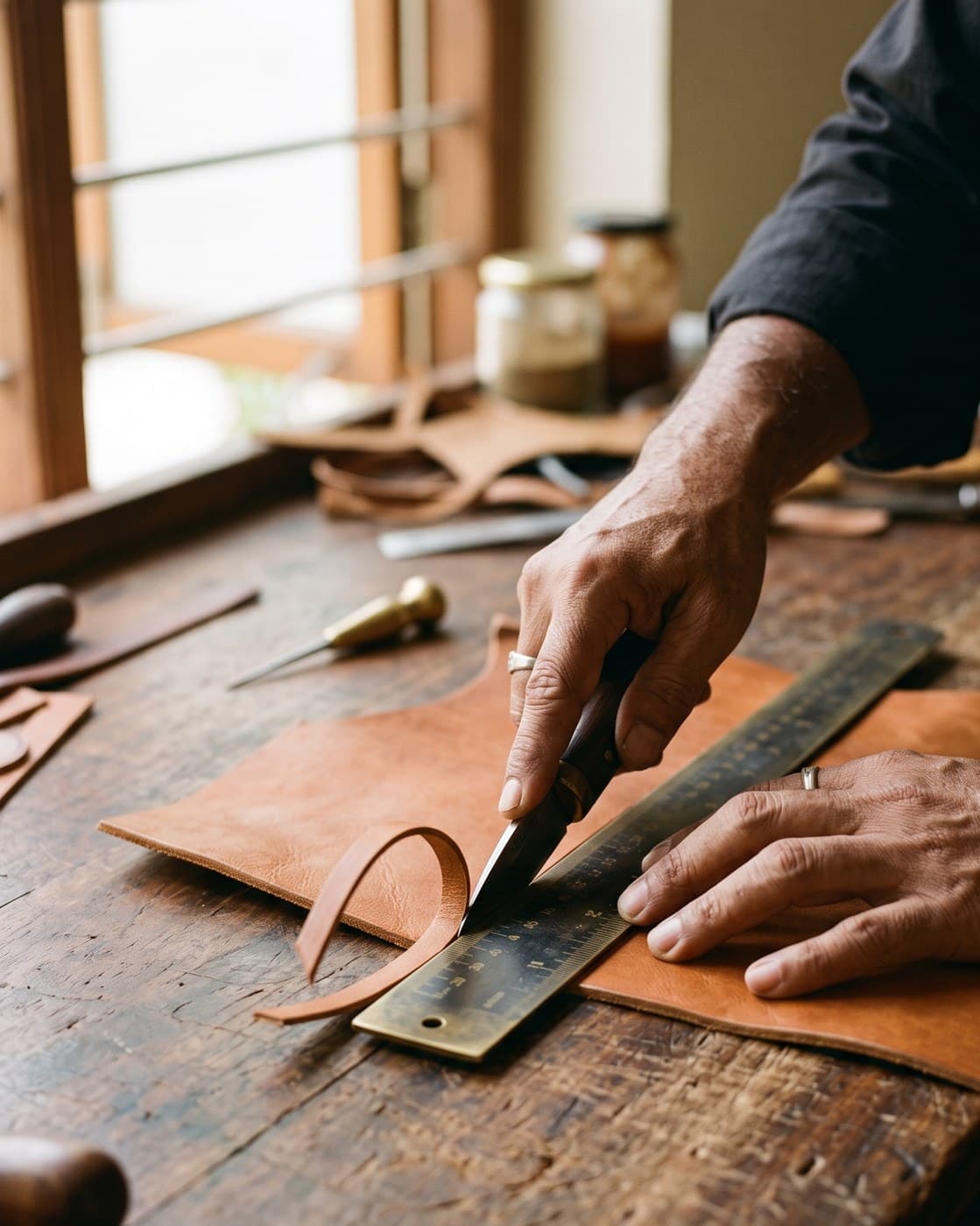 An artisan's hands cutting a vegetable-tanned hide into narrow strips against a steel rule